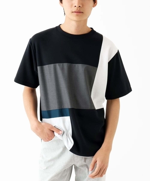 MK MICHEL KLEIN HOMME (エムケーミッシェルクランオム)の「【接触冷感】ブロック切替Tシャツ(Tシャツ/カットソー・メンズ・ホワイト/ネイビー・46/48)」の2枚目の写真