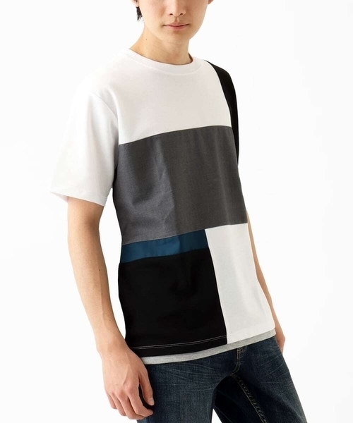 MK MICHEL KLEIN HOMME (エムケーミッシェルクランオム)の「【接触冷感】ブロック切替Tシャツ(Tシャツ/カットソー・メンズ・ホワイト/ネイビー・46/48)」の1枚目の写真