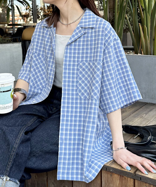 ユニセックス】シアーサッカーチェックオープンカラーシャツ（シャツ