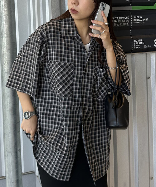 ユニセックス】シアーサッカーチェックオープンカラーシャツ（シャツ