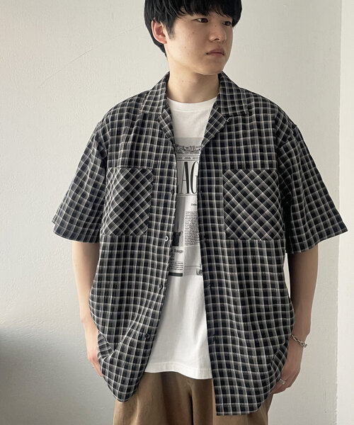 ユニセックス】シアーサッカーチェックオープンカラーシャツ（シャツ