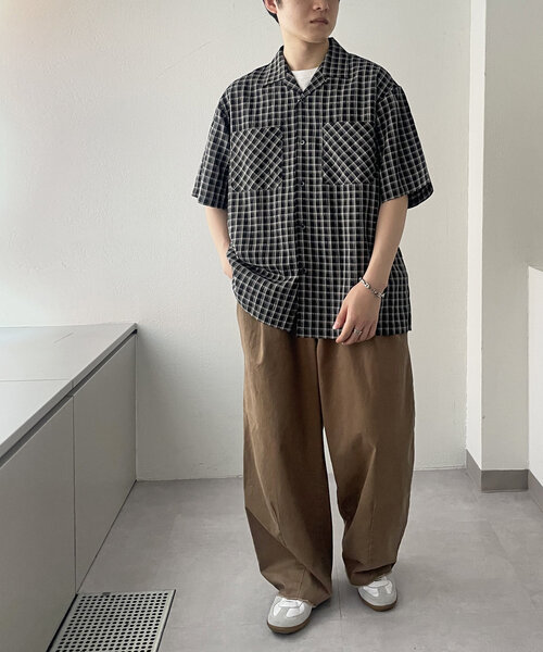 ユニセックス】シアーサッカーチェックオープンカラーシャツ（シャツ