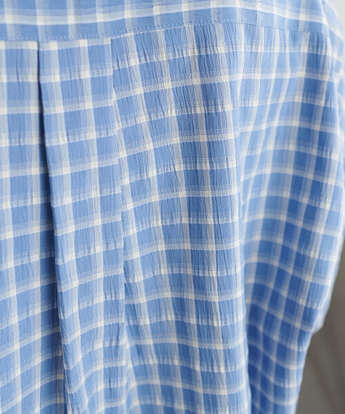 美品✨45R カディ コットン ブラウス ブルー チェック タータンチェックギャザースリーブブラウス（H5M12537＿＿