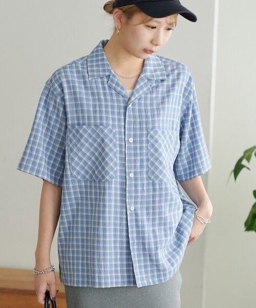 DISCOAT(ディスコート)の「【ユニセックス】シアーサッカーチェックオープンカラーシャツ(シャツ/ブラウス・レディース・ブラック/オフホワイト/サックスブルー・MEDIUM/LARGE)」の13枚目の写真