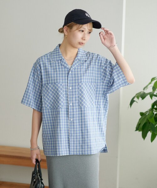 DISCOAT(ディスコート)の「【ユニセックス】シアーサッカーチェックオープンカラーシャツ(シャツ/ブラウス・レディース・ブラック/オフホワイト/サックスブルー・MEDIUM/LARGE)」の14枚目の写真