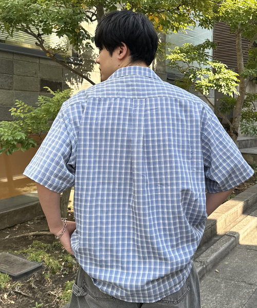 ユニセックス】シアーサッカーチェックオープンカラーシャツ（シャツ