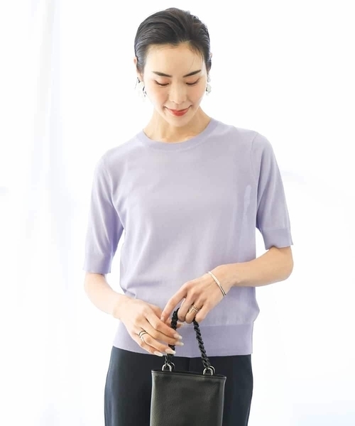 MICHEL KLEIN（ミッシェル・クラン）の「[アンサンブル対応/接触冷感]クルーネックニットプルオーバー（ニット/セーター・レディース・ネイビー/ブラック/ホワイト/ラベンダー・38）」の4枚目の写真