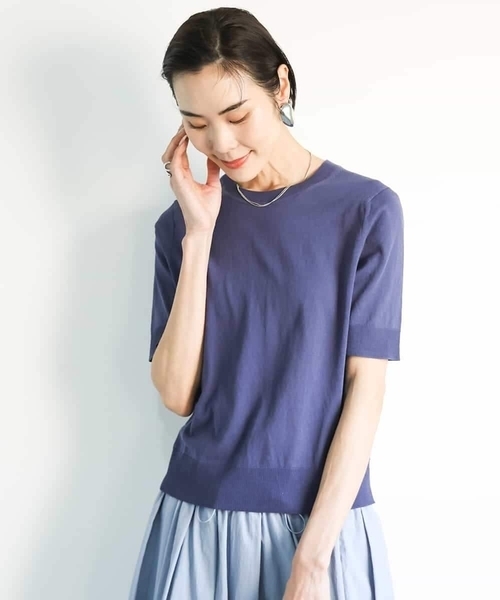 MICHEL KLEIN（ミッシェル・クラン）の「[アンサンブル対応/接触冷感]クルーネックニットプルオーバー（ニット/セーター・レディース・ネイビー/ブラック/ホワイト/ラベンダー・38）」の3枚目の写真