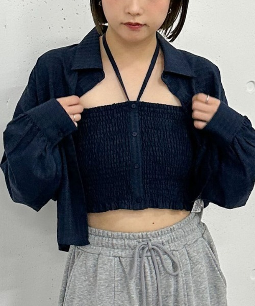 archives(アルシーヴ)の「チェックシャーリングビスチェ×シャツSET(アンサンブル・レディース・ベージュ/ネイビー/アイボリー/ブルー・MEDIUM)」の1枚目の写真