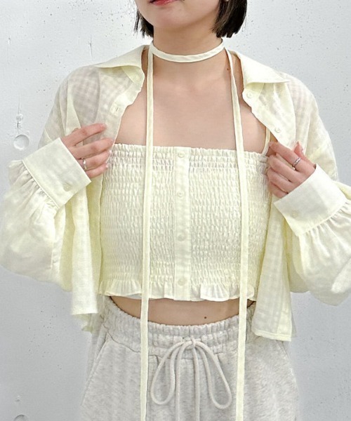 archives(アルシーヴ)の「チェックシャーリングビスチェ×シャツSET(アンサンブル・レディース・ベージュ/ネイビー/アイボリー/ブルー・MEDIUM)」の5枚目の写真