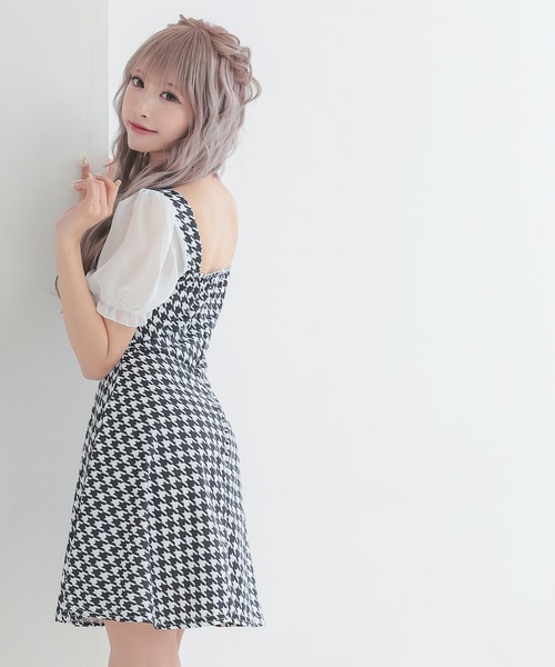 myMinette（マイミネット）の「キャバドレス ミニ フレア 半袖 千鳥格子 リボン 胸元フリル ウエストカットドレス ワンピース キャバワンピ（ワンピース・レディース・ブラック・LARGE/MEDIUM/SMALL）」の2枚目の写真
