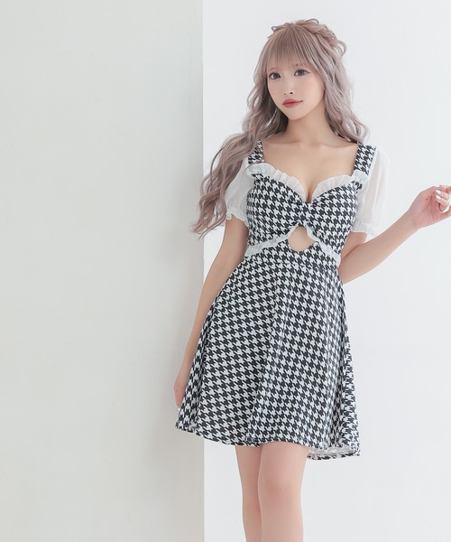 myMinette（マイミネット）の「キャバドレス ミニ フレア 半袖 千鳥格子 リボン 胸元フリル ウエストカットドレス ワンピース キャバワンピ（ワンピース・レディース・ブラック・LARGE/MEDIUM/SMALL）」の3枚目の写真