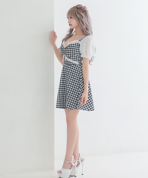 myMinette（マイミネット）の「キャバドレス ミニ フレア 半袖 千鳥格子 リボン 胸元フリル ウエストカットドレス ワンピース キャバワンピ（ワンピース・レディース・ブラック・LARGE/MEDIUM/SMALL）」の5枚目の写真