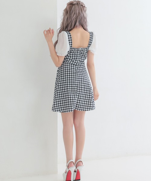 myMinette（マイミネット）の「キャバドレス ミニ フレア 半袖 千鳥格子 リボン 胸元フリル ウエストカットドレス ワンピース キャバワンピ（ワンピース・レディース・ブラック・LARGE/MEDIUM/SMALL）」の6枚目の写真