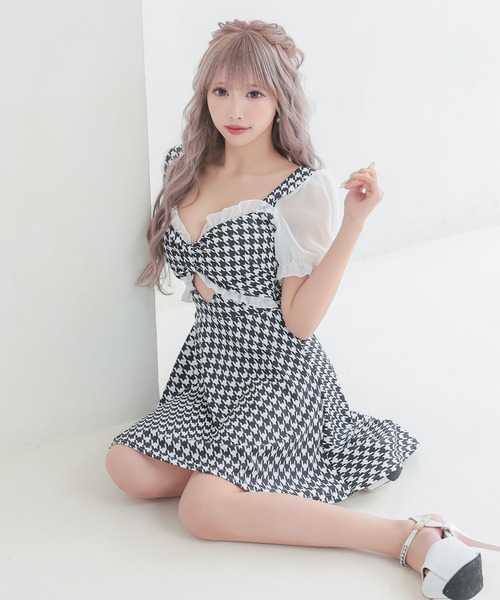 myMinette（マイミネット）の「キャバドレス ミニ フレア 半袖 千鳥格子 リボン 胸元フリル ウエストカットドレス ワンピース キャバワンピ（ワンピース・レディース・ブラック・LARGE/MEDIUM/SMALL）」の7枚目の写真