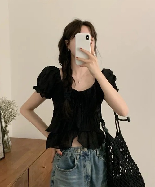Lace Ladies(レースレディース)の「ワッシャー加工 ティアード フリル パフスリーブ ブラウス(シャツ/ブラウス・レディース・ブラック/アイボリー・FREE)」の11枚目の写真