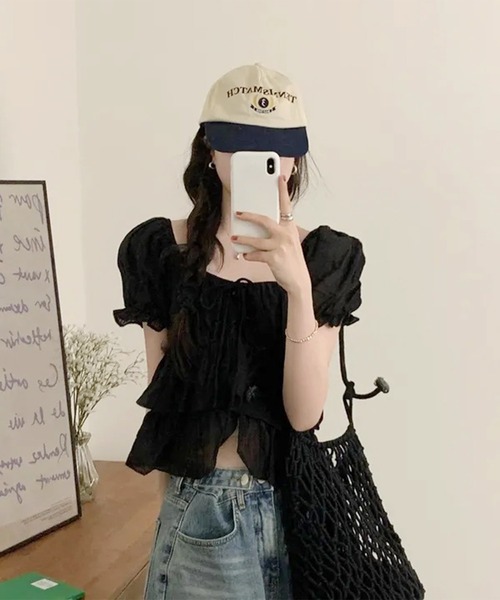 Lace Ladies(レースレディース)の「ワッシャー加工 ティアード フリル パフスリーブ ブラウス(シャツ/ブラウス・レディース・ブラック/アイボリー・FREE)」の10枚目の写真