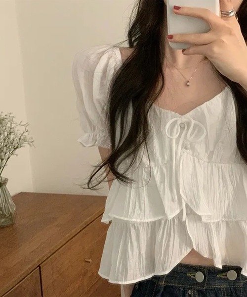 Lace Ladies(レースレディース)の「ワッシャー加工 ティアード フリル パフスリーブ ブラウス(シャツ/ブラウス・レディース・ブラック/アイボリー・FREE)」の7枚目の写真