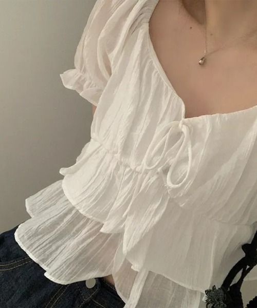 Lace Ladies(レースレディース)の「ワッシャー加工 ティアード フリル パフスリーブ ブラウス(シャツ/ブラウス・レディース・ブラック/アイボリー・FREE)」の3枚目の写真