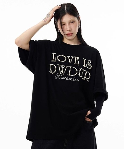 FreeZone(フリーゾーン)の「【立体パール】メッセージロゴ オーバーサイズTシャツ(Tシャツ/カットソー・メンズ・レッド/ネイビー/ブラック・F)」の9枚目の写真
