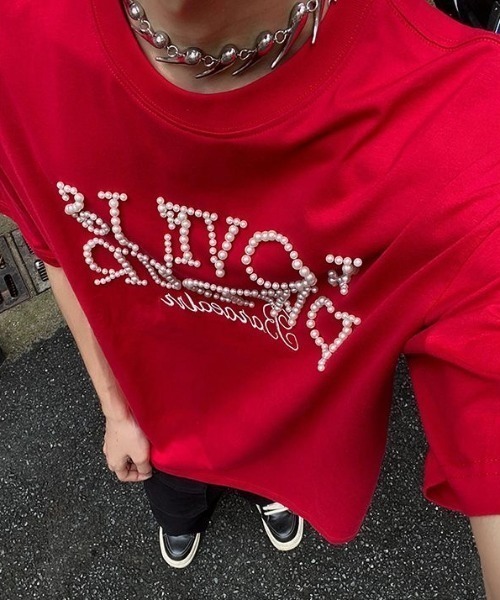 FreeZone(フリーゾーン)の「【立体パール】メッセージロゴ オーバーサイズTシャツ(Tシャツ/カットソー・メンズ・レッド/ネイビー/ブラック・F)」の7枚目の写真