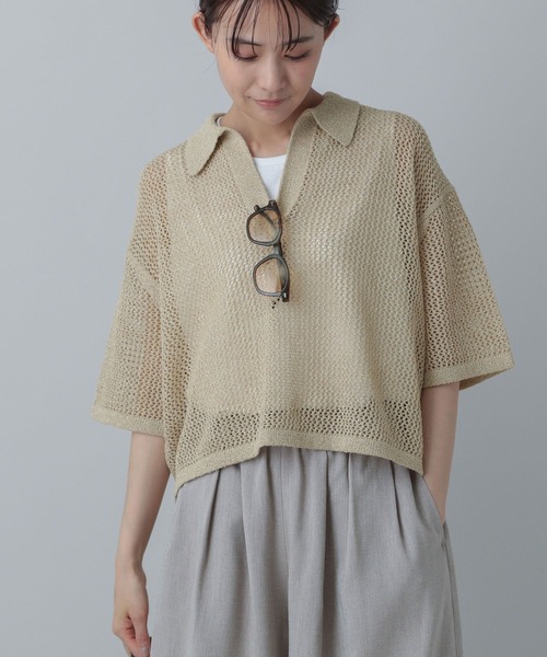 GLOBAL WORK（グローバルワーク）の「メッシュラメポロニット半袖/MATINEE LINE/455432（ニット/セーター・レディース・ブラック系9/ホワイト系8/ベージュ系2・LARGE/MEDIUM）」の3枚目の写真