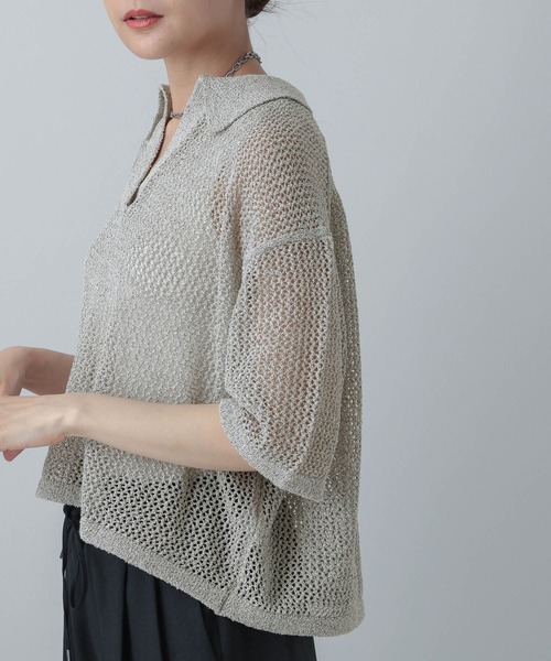 GLOBAL WORK（グローバルワーク）の「メッシュラメポロニット半袖/MATINEE LINE/455432（ニット/セーター・レディース・ブラック系9/ホワイト系8/ベージュ系2・LARGE/MEDIUM）」の4枚目の写真