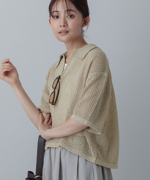 GLOBAL WORK（グローバルワーク）の「メッシュラメポロニット半袖/MATINEE LINE/455432（ニット/セーター・レディース・ブラック系9/ホワイト系8/ベージュ系2・LARGE/MEDIUM）」の13枚目の写真