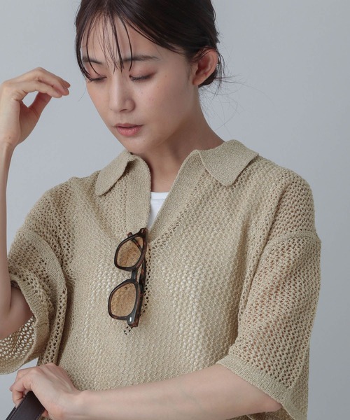 GLOBAL WORK（グローバルワーク）の「メッシュラメポロニット半袖/MATINEE LINE/455432（ニット/セーター・レディース・ブラック系9/ホワイト系8/ベージュ系2・LARGE/MEDIUM）」の16枚目の写真