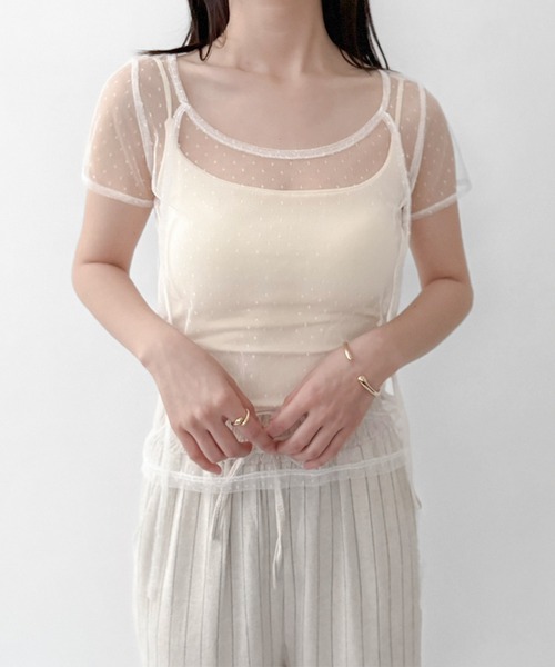 シーニュ♡リボントップス♡ セール】【on:nue】ドットシースルーリボントップス（Tシャツ