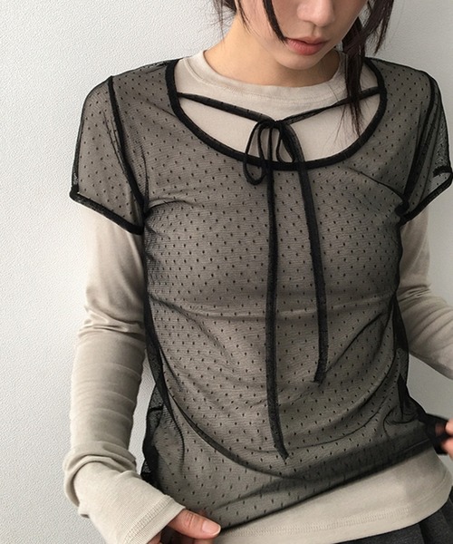 シーニュ♡リボントップス♡ セール】【on:nue】ドットシースルーリボントップス（Tシャツ