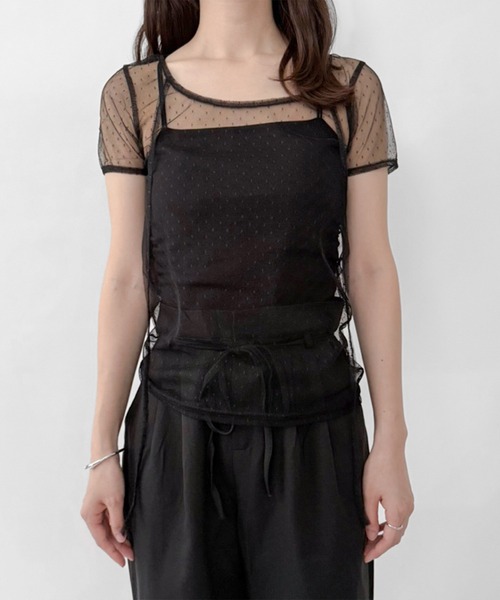 シーニュ♡リボントップス♡ セール】【on:nue】ドットシースルーリボントップス（Tシャツ