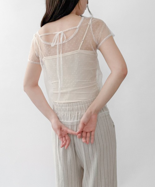 シーニュ♡リボントップス♡ セール】【on:nue】ドットシースルーリボントップス（Tシャツ