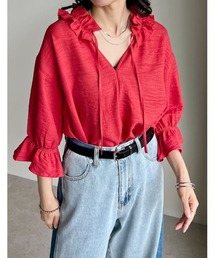 [体型カバー]7分袖リネンライクスキッパーフリルカラーチュニックブラウス