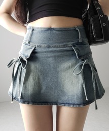 me+em select（ミームセレクト）の「※※【 ２color ／ ３size 】ヴィンテージライクリボンデニムミニスカパン ／ vintage like ribbon denim mini skirt pants（デニムスカート）」