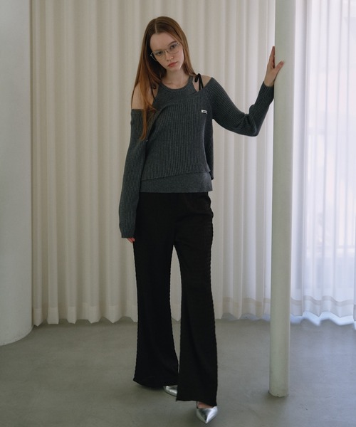 HONEY MI HONEY(ハニーミーハニー)の「HONEY logo off shoulder rib knit tops(ニット/セーター・レディース・グレー/アイボリー/ピンク・FREE)」の7枚目の写真