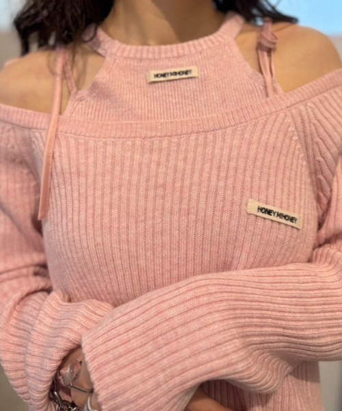 HONEY MI HONEY(ハニーミーハニー)の「HONEY logo off shoulder rib knit tops(ニット/セーター・レディース・グレー/アイボリー/ピンク・FREE)」の18枚目の写真