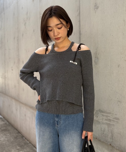 HONEY MI HONEY(ハニーミーハニー)の「HONEY logo off shoulder rib knit tops(ニット/セーター・レディース・グレー/アイボリー/ピンク・FREE)」の21枚目の写真