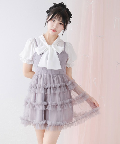 DearMyLoveRose(ディアマイラブローズ)の「チュールフリルドールティアードチュニックキャミワンピース【大きいサイズ有り】(ワンピース・レディース・オフホワイト/グレー/スモークピンク/ブラック・MEDIUM/LARGE/LL/3L)」の3枚目の写真