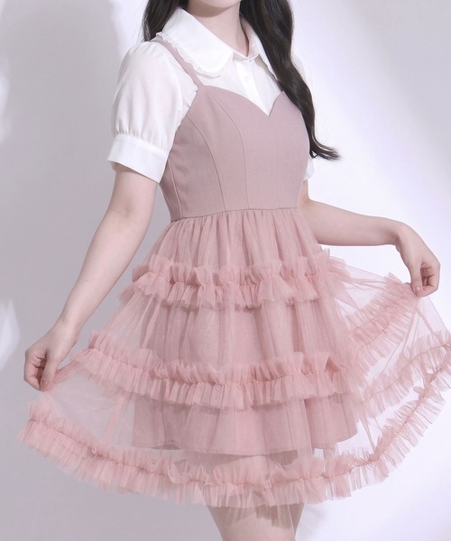 DearMyLoveRose(ディアマイラブローズ)の「チュールフリルドールティアードチュニックキャミワンピース【大きいサイズ有り】(ワンピース・レディース・オフホワイト/グレー/スモークピンク/ブラック・MEDIUM/LARGE/LL/3L)」の4枚目の写真