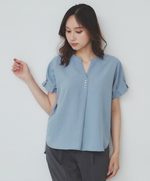 ブラウス 7色展開/XS-LLサイズ》タックスリーブスキッパーブラウス【洗濯
