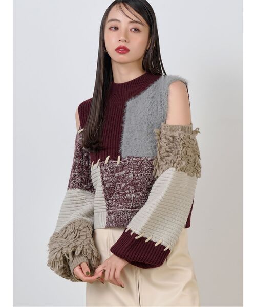 MURUA（ムルーア）の「マテリアルMIXショルダーオープンニット（ニット/セーター・レディース・ブラック/ボルドー/モカ・FREE）」の3枚目の写真