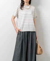 ウォッシャブルリネンニットTシャツ|リネン混|サマーニット|大人カジュアル|ボーダー