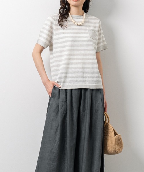 aunt lily(アントリリー)の「ウォッシャブルリネンニットTシャツ|リネン混|サマーニット|大人カジュアル|ボーダー(Tシャツ/カットソー・レディース・ブラウン系その他/ブラック/グレー系その他・3L/L/M/LL/S)」の1枚目の写真