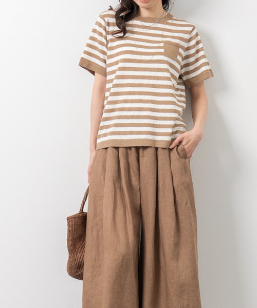 aunt lily(アントリリー)の「ウォッシャブルリネンニットTシャツ|リネン混|サマーニット|大人カジュアル|ボーダー(Tシャツ/カットソー・レディース・ブラウン系その他/ブラック/グレー系その他・3L/L/M/LL/S)」の2枚目の写真