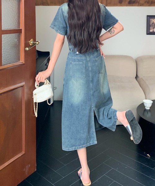 SOOR PLOOM デニムブルー 半袖ワンピース デニムワンピース レディース 半袖 ワンピース パフスリーブ
