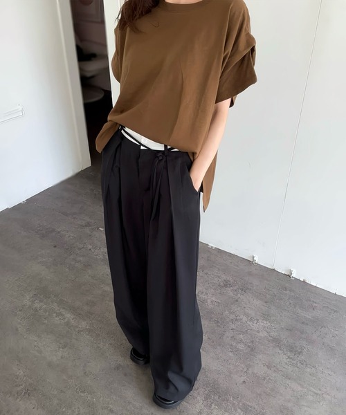 Reurie'(レウリィ)の「ダブルウエストスラックス(aki select) / ワイド パンツ 大人カジュアル シンプル ベルトデザイン 紐アレンジ ハイウエスト(スラックス・レディース・ベージュ/ブラック・FREE)」の6枚目の写真