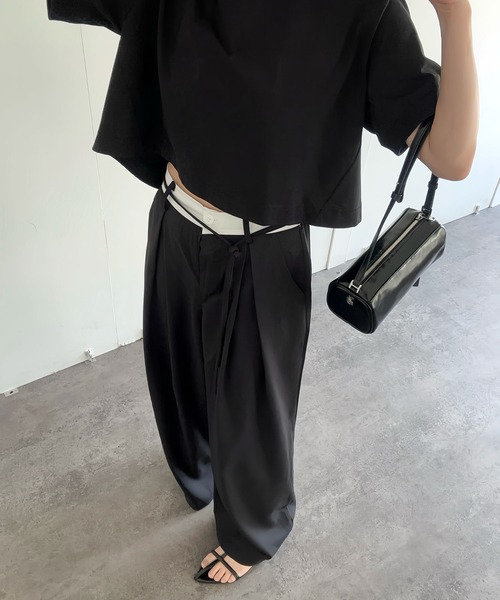 Reurie'(レウリィ)の「ダブルウエストスラックス(aki select) / ワイド パンツ 大人カジュアル シンプル ベルトデザイン 紐アレンジ ハイウエスト(スラックス・レディース・ベージュ/ブラック・FREE)」の15枚目の写真