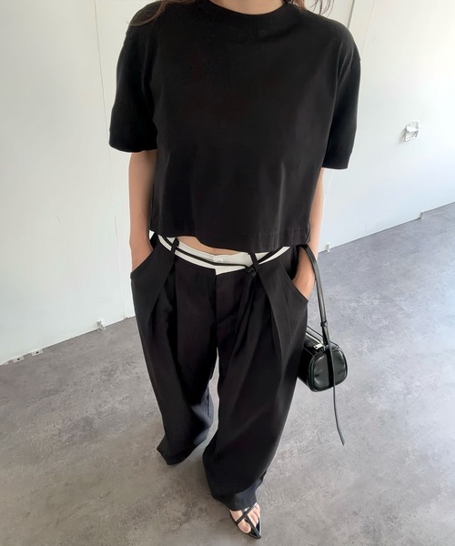 Reurie'(レウリィ)の「ダブルウエストスラックス(aki select) / ワイド パンツ 大人カジュアル シンプル ベルトデザイン 紐アレンジ ハイウエスト(スラックス・レディース・ベージュ/ブラック・FREE)」の16枚目の写真