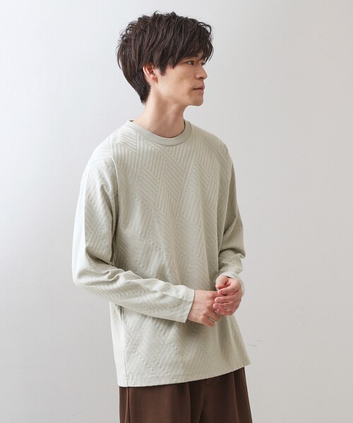 THE SHOP TK （ザ ショップ ティーケー ）の「リンクスジャカード長袖Tシャツ【サスティナブル素材使用/洗濯機OK】（Tシャツ/カットソー・メンズ・オフホワイト/ライトグレー/ブラック・03/02/01/04）」の3枚目の写真